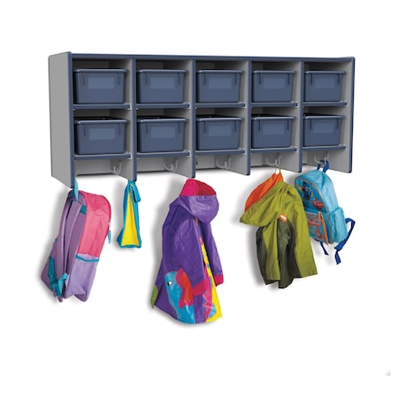 Jonti-Craft Rainbow Accents 10 Section Wall Mount Coat Locker, with Trays, Navy 0771JC112